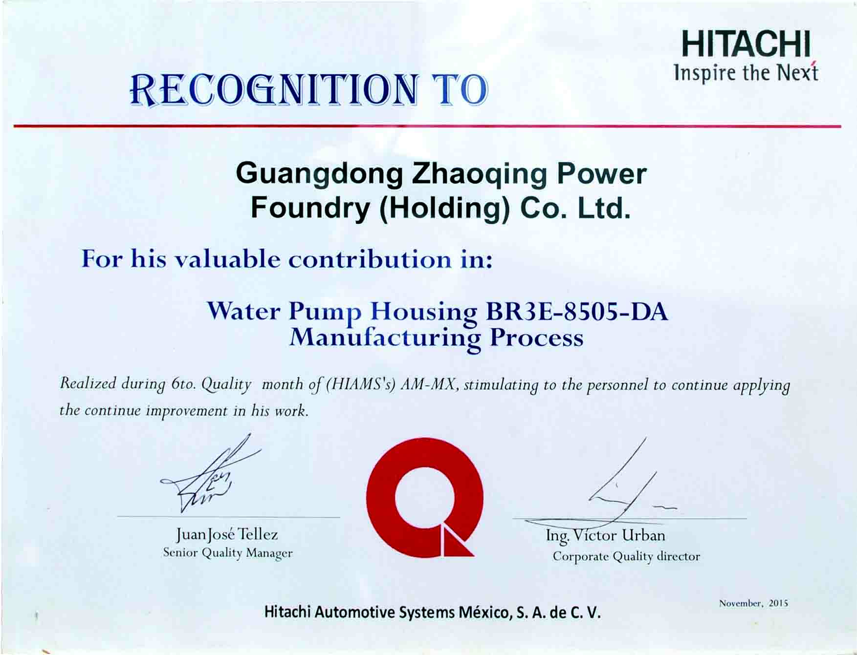 Hitachi -  Annual continuous quality improvement  award